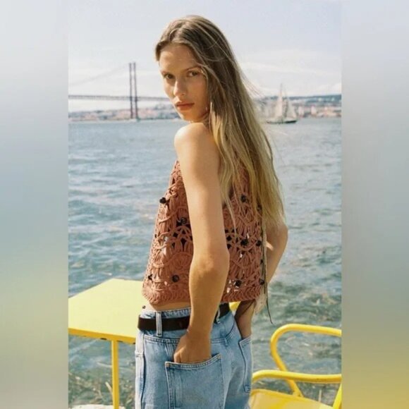 [🌟 PRICE FIRM] 🌞 ZARA Beaded Knit Vest Macrame Terracotta Rust Crochet S - Picture 3 of 15
